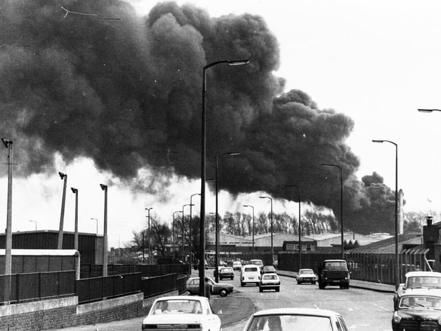 A burning tyre dump on Pontefract Lane in February 1976.