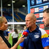 Leeds Rhinos coach Brad Arthur and scrum-half Jake Connor are interviewed by Sky Sports' Jenna Brooks. Picture by Allan McKenzie/SWpix.com.