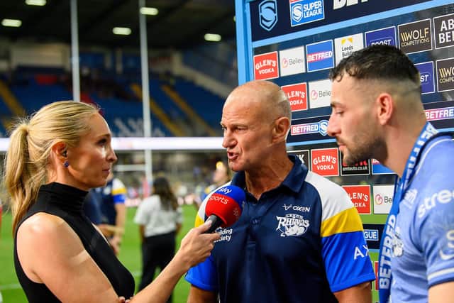 Leeds Rhinos coach Brad Arthur and scrum-half Jake Connor are interviewed by Sky Sports' Jenna Brooks. Picture by Allan McKenzie/SWpix.com.