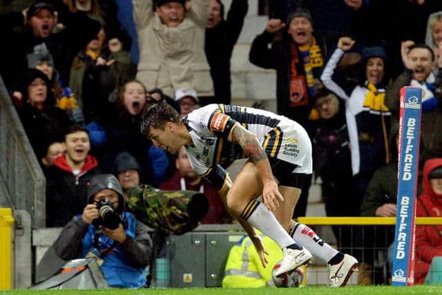 Tom Briscoe score his second try in Rhinos' 2017 Grand Final win over Castleford Tigers. Picture by Bruce Rollinson.