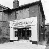 Youngman's fish and chip shop on Easterly Road in April 1936. The sign over the door reads 'Branch of Youngmans the Worlds Most Modern Fish Restaurant'.
