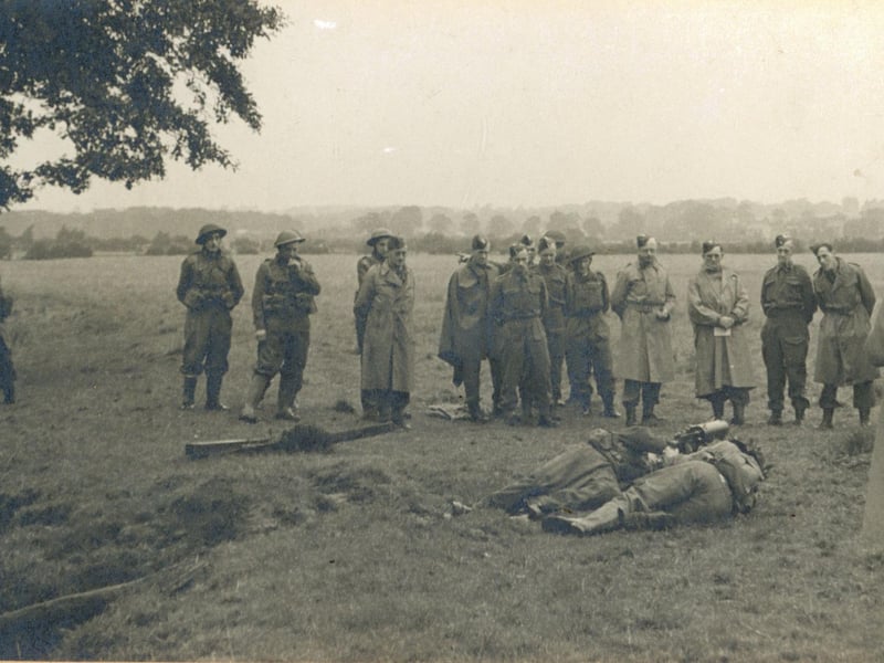 Leeds Sub-area School of Tactics taught hundreds of officers and senior NCOs in Golden Acre Park so this image may have been taken there. (Yorkshire Post & Leeds Intelligencer 1/11/44 ). In his account of the 9th Battalion written in September 1945, Commanding officer Lt Col HK Boyle DSO writes about these weekend schools where Tactics, Weapon Training, Bombing, Intelligence, Gas, Street Fighting, Umpiring, Ammunition, Catering, Hygiene and Civil Defence were taught - 'Three very full and concentrated week-ends on top of a full time civilian job, though, proved very gruelling to most of those who undertook this'.