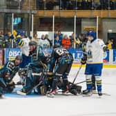 STRIKE ONE: Matt Barron (far left) wheels away to celebrate putting Leeds Knights ahead against Milton Keynes Lightning. Picture: Jacob Lowe/Knights Media.
