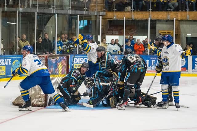 STRIKE ONE: Matt Barron (far left) wheels away to celebrate putting Leeds Knights ahead against Milton Keynes Lightning. Picture: Jacob Lowe/Knights Media.