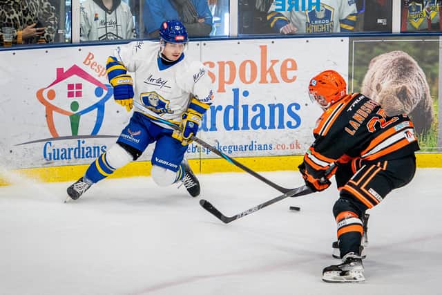 CATCH ME IF YOU CAN: Noah McMullin evades the attentions of Telford Tigers' Edgars Landsbergs at The Castle back in November. Picture: Ben Gordon/Knights Media.