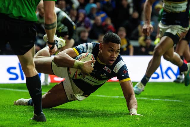 David Fusitu'a touches down for Rhinos against Hull. Picture by Bruce Rollinson.