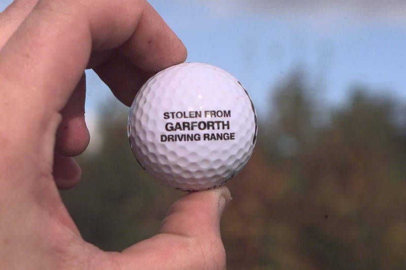 A golf ball from Garforth Golf Range where 3,000 were stolen by thieves in October 1998. Each ball had  'stolen from Garforth Driving Range' printed on them.