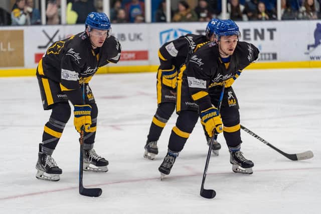 FIXTURE: Lewis Baldwin (pictured above right with fellow D-man Jordan Griffin, left), first started playing in Leeds under the old Chiefs' franchise back in 2019. Picture courtsy of Oliver Portamento.