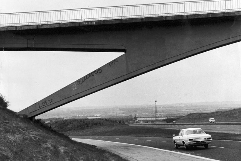 Police issued a warning yesterday about the "dangerous" practice of daubing slogans with sprays on motorway bridges in August 1972.  The no nonsense message came West Yorkshire Police after  this example was found on a bridge over the M1 northbound carriageway at Stourton.
