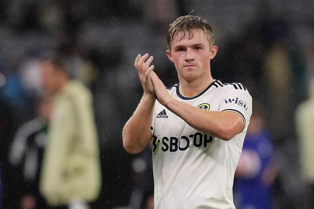 PERTH, AUSTRALIA - JULY 22:  Joe Gelhardt of Leeds United acknowledges the fans after the Pre-Season friendly match between Leeds United and Crystal Palace at Optus Stadium on July 22, 2022 in Perth, Australia. (Photo by Will Russell/Getty Images)