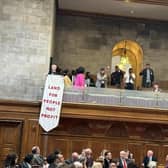 Members of Acorn Leeds stage a protest at Leeds Civic Hall to highlight housing issues in the city. Picture: Local Democracy Reporting Service