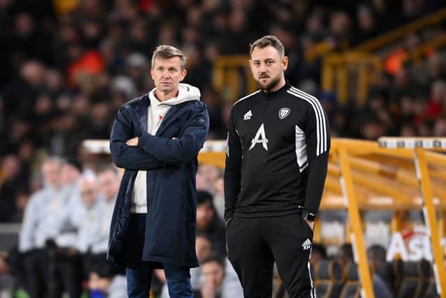 WOLVERHAMPTON, ENGLAND - NOVEMBER 09: Jesse Marsch beside assistant Rene Maric during the Carabao Cup Third Round match between Wolverhampton Wanderers and Leeds United at Molineux on November 09, 2022 in Wolverhampton, England. (Photo by Ross Kinnaird/Getty Images)