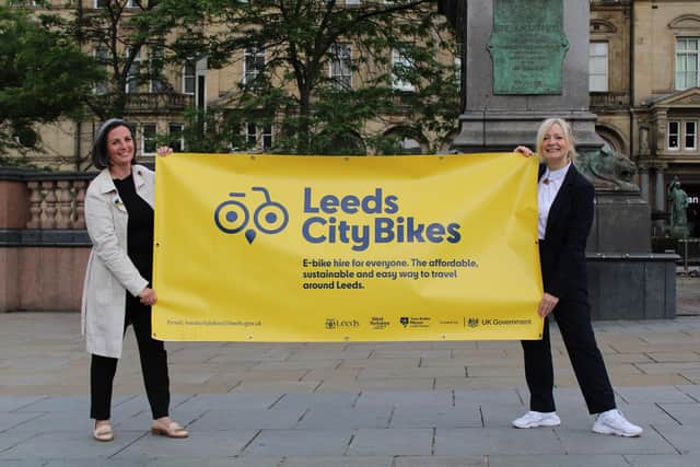Councillor Helen Hayden (left) and West Yorkshire mayor Tracy Brabin (right) pictured last September as the contract for Leeds\\\\\\\' e-bike system went out to tender. Picture from Leeds City Council.