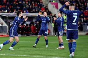 MISSED CHANCE - Pascal Struijk, Ethan Ampadu and Ian Poveda of Leeds United react after Struijk's missed header during the Sky Bet Championship match between Rotherham United and Leeds United at AESSEAL New York Stadium . Pic: George Wood/Getty Images