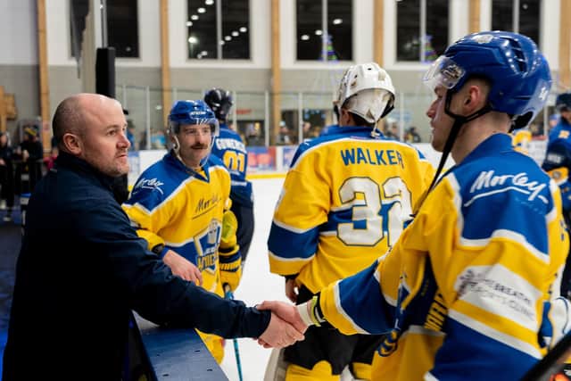 WELCOME BACK: Leeds Knights' coach Ryan Aldridge (left) congratulates Lewis Baldwin after a home win over Raiders in November. Picture courtesy of Oliver Portamento