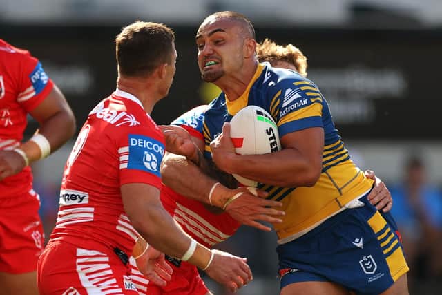 Leeds Rhinjos recruit Dylan Walker (with the ball) in NRL action for Parramatta Eels against St George-Illawarra Dragons. Picture by Darrian Traynor/Getty Images.