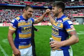 Tom Briscoe, right, celebrates with Ryan Hall after Rhinos; Wembley win over Castleford nine years ago. Picture by Alex Broadway/SWpix.com.