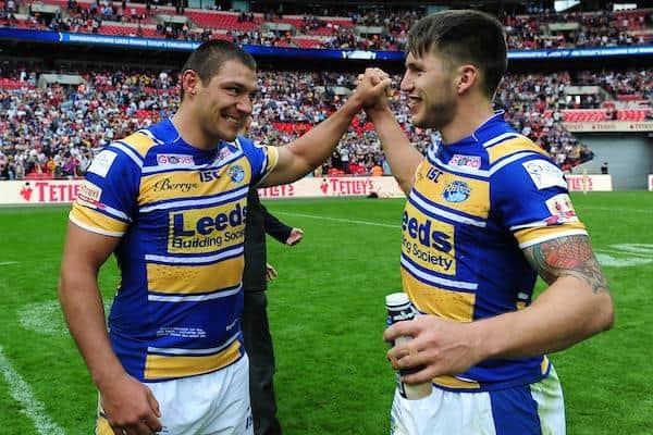 Tom Briscoe, right, celebrates with Ryan Hall after Rhinos; Wembley win over Castleford nine years ago. Picture by Alex Broadway/SWpix.com.