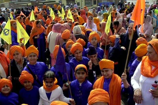 Youngsters from Sikh Inspiration, Khalsa School, gather before parading into Leeds city centre, as the Sikh community celebrates Vaisakhi, pictured on April 12, 2003.