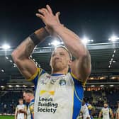 Mikolaj Oledzki thanks Leeds Rhinos' fans following the Betfred Super League round one victory over Salford Red Devils. Picture by Allan McKenzie/SWpix.com.