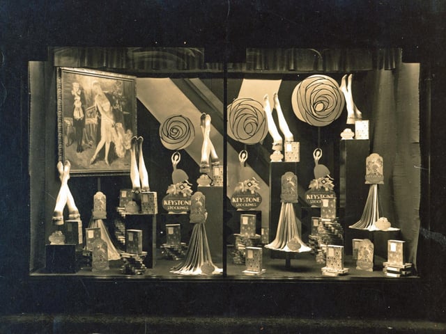 A photograph of a shop window display, Special Display "Keystone" Hosiery at M.C.Hitchens and Sons in Leeds city centre in May 1928.