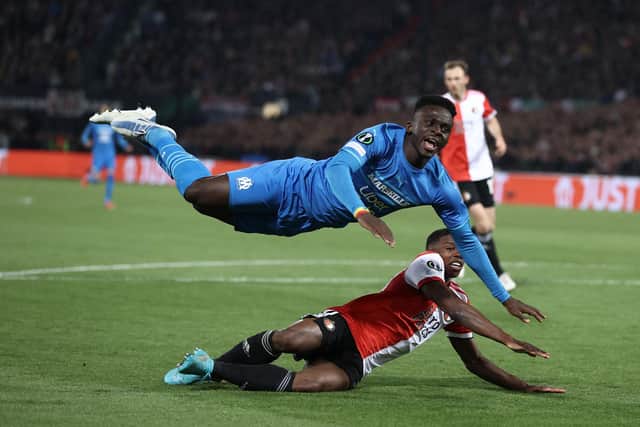 Marseille's Senegalese forward Bamba Dieng has failed a medical with OGC Nice after snubbing Leeds United (Photo by KENZO TRIBOUILLARD/AFP via Getty Images)
