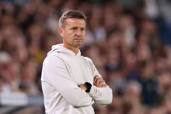 LEEDS, ENGLAND - AUGUST 24: Jesse Marsch, Manager of Leeds United looks on during the Carabao Cup Second Round match between Leeds United and Barnsley at Elland Road on August 24, 2022 in Leeds, England. (Photo by George Wood/Getty Images)