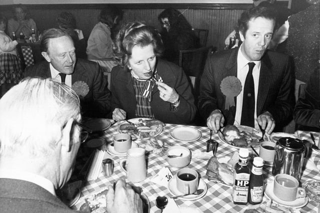 Margaret Thatcher tucks into a fish and chips lunch at Harry Ramsden's in Guiseley in May 1983.