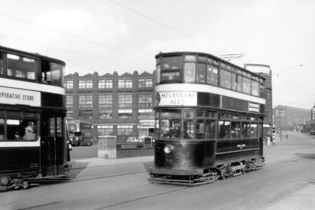 Tram no 84 on route no 9 to Dewsbury Road in September 1954. Leeds City Bus Station can be seen on left.