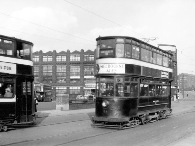 Tram no 84 on route no 9 to Dewsbury Road in September 1954. Leeds City Bus Station can be seen on left.