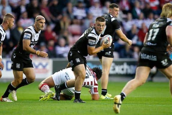 Jacob Hookem, pictured playing for Hull FC against Wigan last July, has been named in Tigers' 21-man squad to face Warrington. Picture by Ed Sykes/SWpix.com.