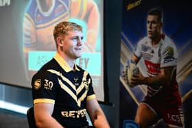 Leeds Rhinos' James McDonnell seen in the 2026 Dream Team kit during this week's Betfred Super League play-offs launch at Old Trafford. Picture by Olly Hassell/SWpix.com.