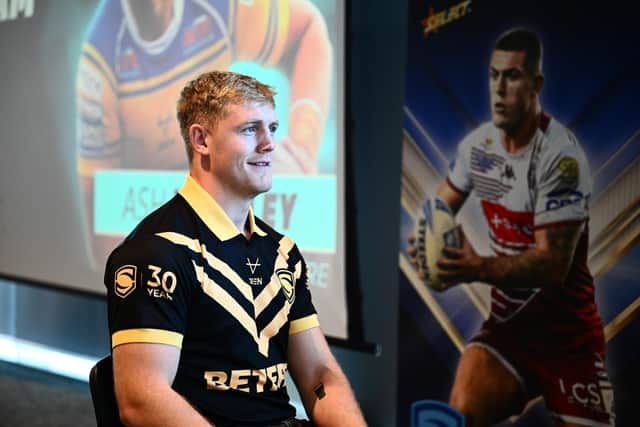 Leeds Rhinos' James McDonnell seen in the 2026 Dream Team kit during this week's Betfred Super League play-offs launch at Old Trafford. Picture by Olly Hassell/SWpix.com.
