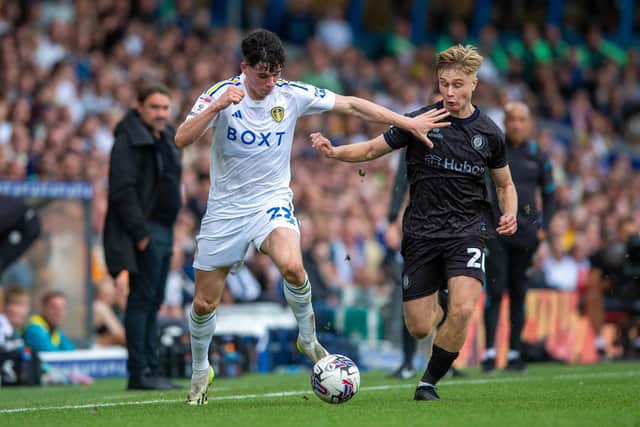 NEW DIMENSION: Leeds United teen Archie Gray shrugs off Bristol City's Sam Bell as part of another stellar performance, but this time at right back. Picture by Bruce Rollinson.