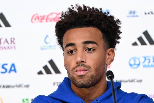 USA's midfielder Tyler Adams attends a press conference at the Qatar National Convention Center (QNCC) in Doha on November 20, 2022, on the eve of the Qatar 2022 World Cup football match between the USA and Wales. (Photo by Patrick T. FALLON / AFP) (Photo by PATRICK T. FALLON/AFP via Getty Images)