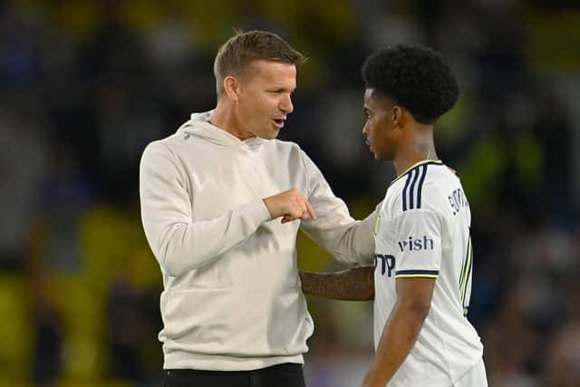 LEEDS, ENGLAND - AUGUST 24: Jesse Marsch, Manager of Leeds United speaks to Crysencio Summerville of Leeds United after the Carabao Cup Second Round match between Leeds United and Barnsley at Elland Road on August 24, 2022 in Leeds, England. (Photo by Clive Mason/Getty Images)