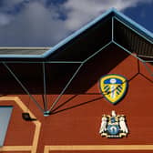 LEEDS, ENGLAND - MAY 11: A general view outside the stadium as the Leeds United crest is seen prior to the Premier League match between Leeds United and Chelsea at Elland Road on May 11, 2022 in Leeds, England. (Photo by Clive Brunskill/Getty Images)