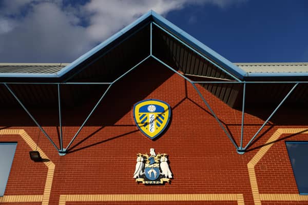 LEEDS, ENGLAND - MAY 11: A general view outside the stadium as the Leeds United crest is seen prior to the Premier League match between Leeds United and Chelsea at Elland Road on May 11, 2022 in Leeds, England. (Photo by Clive Brunskill/Getty Images)