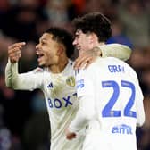 KEY PAIR: Georginio Rutter salutes Archie Gray after Friday night's thrilling Championship victory against leaders Leicester City for Leeds United at Elland Road.
Photo by George Wood/Getty Images.
