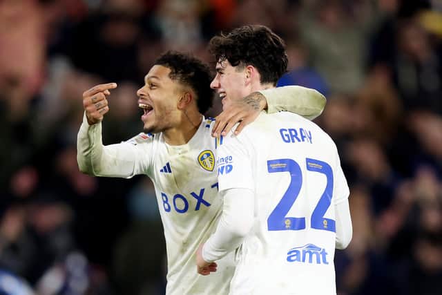 KEY PAIR: Georginio Rutter salutes Archie Gray after Friday night's thrilling Championship victory against leaders Leicester City for Leeds United at Elland Road.
Photo by George Wood/Getty Images.