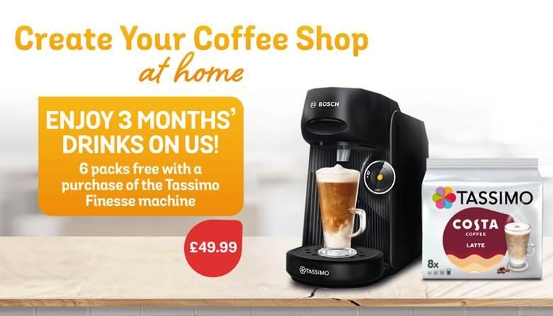 Get three months' worth of coffee when purchasing a Tassimo FINESSE machine for just £49.99 - saving over £100