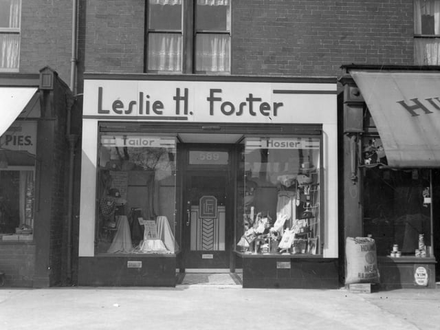 589 Meanwood Road which was the business of Leslie H Foster, tailor. The grocery store of Philip Humphreys can be seen on right at 591. Pictured in April 1937.