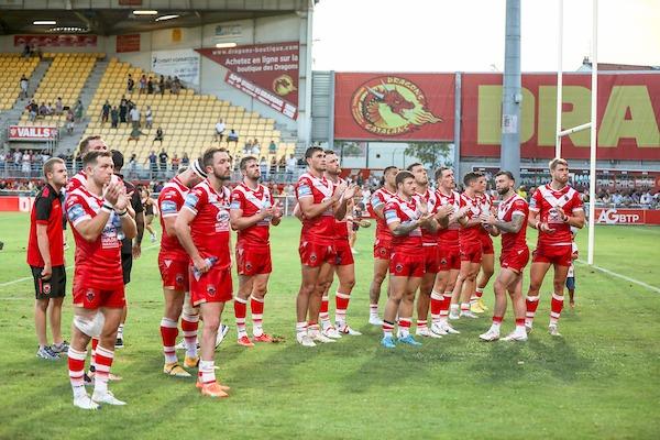 Six successive league defeats and 66/1 to win at Old Trafford. Picture shows Salford players applauding their fans after last month's loss in Catalans.