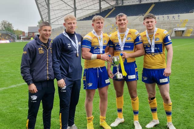 Zak Lloyd, third from left, played for Leeds Rhinos reserves in last year's Grand Final win against Warrington Wolves. Also pictured are (left to right) Wade White, Jacob Stead, Presley Cassell and Oliver Smart. Picture by Peter Smith.