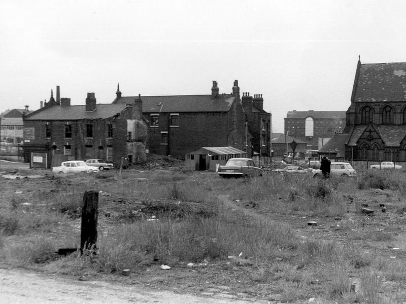 Land at the rear of St. Patrick's Roman Catholic Church in May/June 1964. In the background, with the arched projection, is Marsh Lane Goods Station. In the centre old properties still stand including those in Moody's Yard and Lyndhurst Street. The land became the site of Agnes Stewart C of E High School.