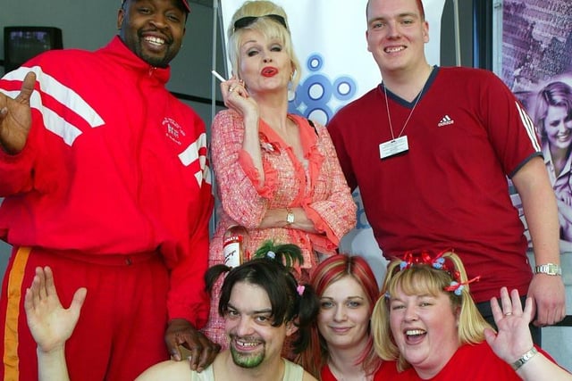 Staff at the Telewest Broadband call centre in Attercliffe, Sheffield, get into the Comic Relief mood. Ab Fab's Patsie is pictured with Telewest call centre staff Colin McCurdy, Andy Hufton, Tom Jones, Vicki Atkin, Mel Hackford.