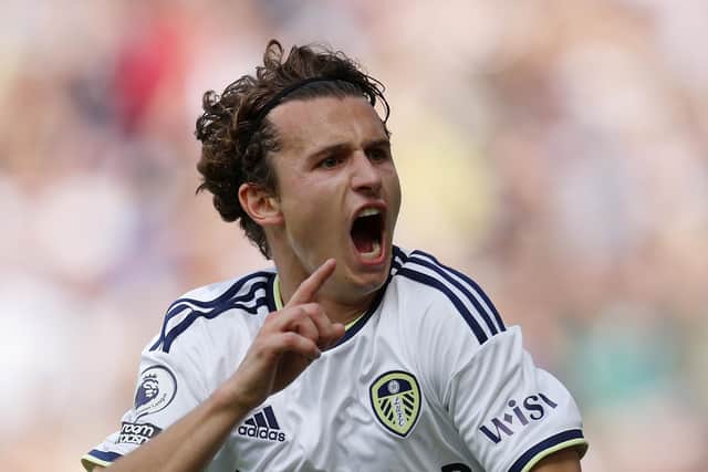 LEEDS, ENGLAND - AUGUST 21: Brenden Aaronson of Leeds United celebrates scoring their side's first goal during the Premier League match between Leeds United and Chelsea FC at Elland Road on August 21, 2022 in Leeds, England. (Photo by Catherine Ivill/Getty Images)