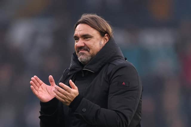 LEEDS, ENGLAND - OCTOBER 28: Daniel Farke, Manager of Leeds United, applauds the fans following the Sky Bet Championship match between Leeds United and Huddersfield Town at Elland Road on October 28, 2023 in Leeds, England. (Photo by George Wood/Getty Images)
