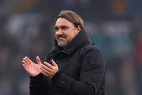 LEEDS, ENGLAND - OCTOBER 28: Daniel Farke, Manager of Leeds United, applauds the fans following the Sky Bet Championship match between Leeds United and Huddersfield Town at Elland Road on October 28, 2023 in Leeds, England. (Photo by George Wood/Getty Images)