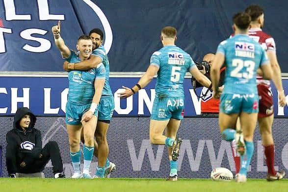 Harry Newman celebrates scoring in Rhinos' win at Wigan. That victory was a highlight of 2023 for fan Becky Oxley. Picture by Ed Sykes/SWpix.com.